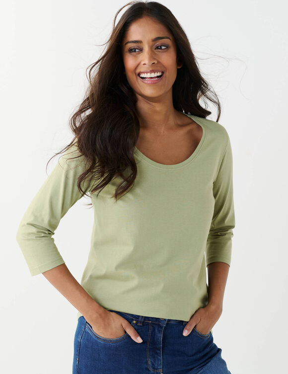 T-shirt manches 3/4 uni, coton (kaki clair)