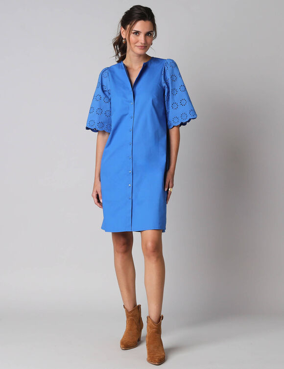 Robe-chemisier en coton uni, &agrave; manches coudes en broderies anglaises (blauw)