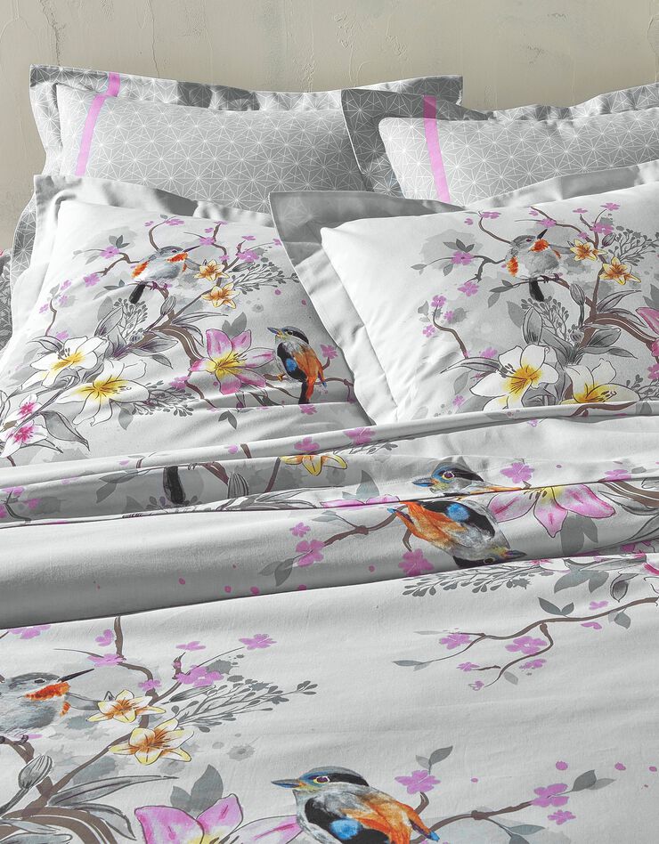 Linge de lit Birdy en coton imprimé oiseaux (gris)
