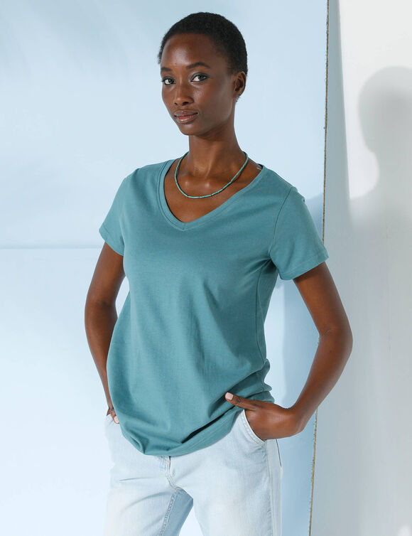 T-shirt col V uni manches courtes, coton (vert grisé)
