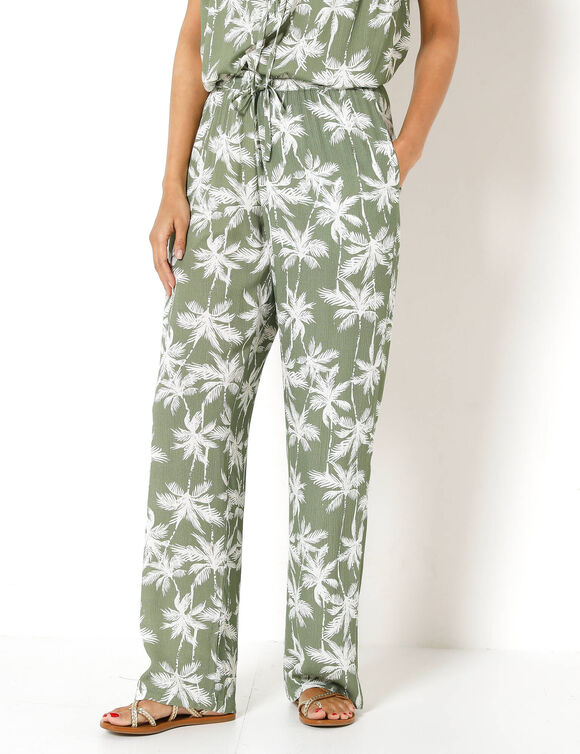 Pantalon large fluide, imprim&eacute; palmiers (kaki / blanc)