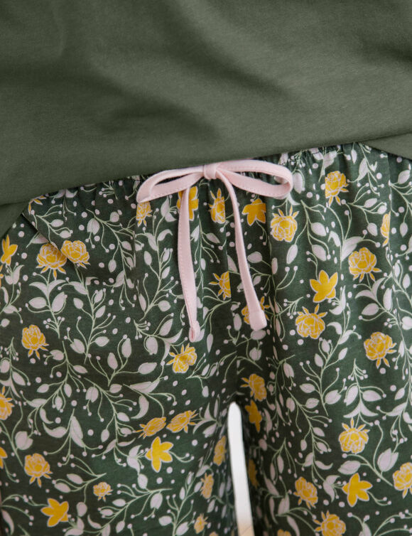 Pyjamabroek van katoen met floraal bedrukking (kaki / honing)