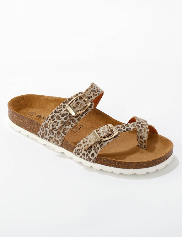 Muiltjes met teenriempje, luipaardmotief, platte hak en dubbel riempje (GLANZEND BEIGE)