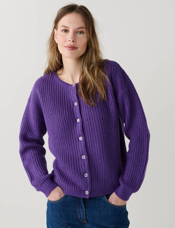 Cardigan &agrave; boutons paillet&eacute;s, maille anglaise (violet)