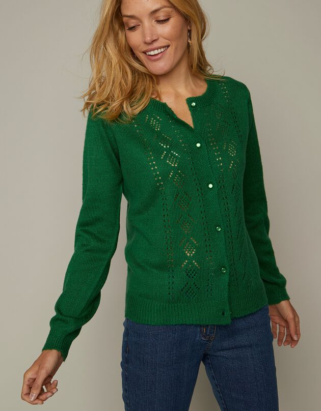 Cardigan met knoopsluiting, ajour en mohairtouch (groen) Cardigan met knoopsluiting, ajour en mohairtouch (groen)