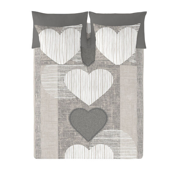 Linge de lit coeurs coton (&eacute;cru / gris)