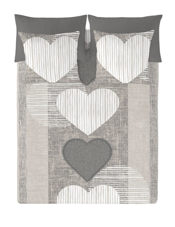Linge de lit coeurs coton (&eacute;cru / gris)