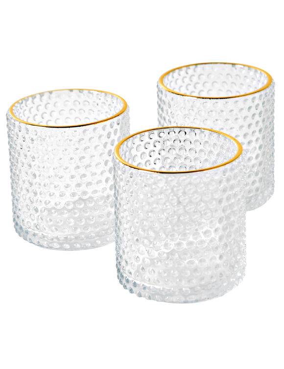 Photophore verre liser&eacute; dor&eacute; - lot de 3 (transparent)