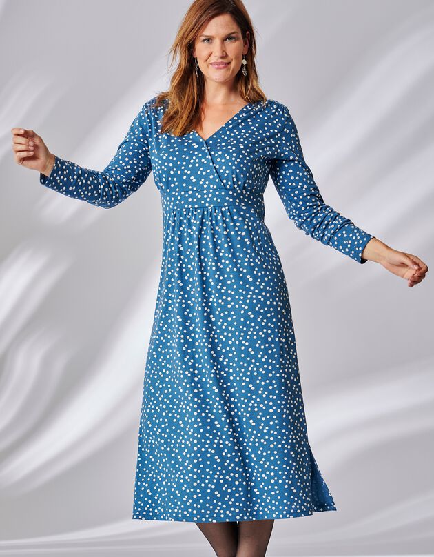 Robe en maille décolleté cache-cœur col V, bleu / écru Robe en maille décolleté cache-cœur col V, bleu / écru, hi-res
