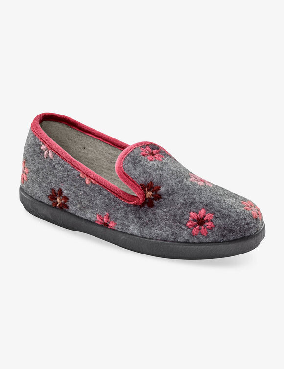 Charentaises - brodées fleurs (gris chiné)