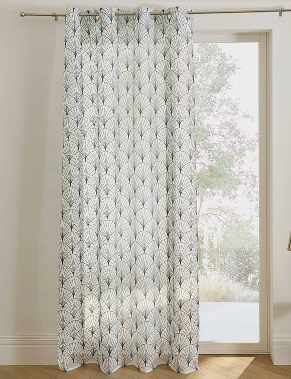 Voilage brod&eacute; motif art d&eacute;co - finition oeillets (bleu paon)