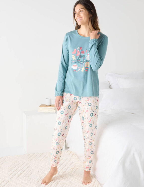 Pyjama "couronne de Noël" + masque assorti (bleu grisé / rose)