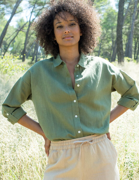 Chemise en coton-lin, manches longues retroussables  (kaki)