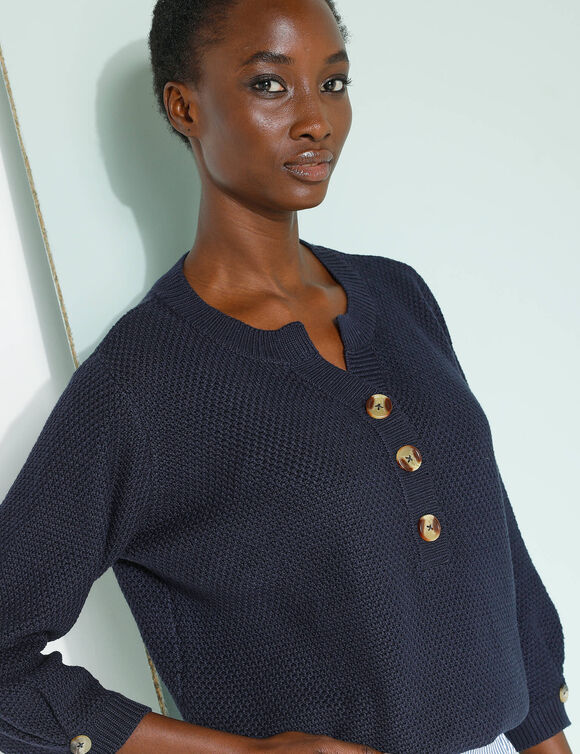 Pull col tunisien manches 3/4, maille fantaisie (marine)