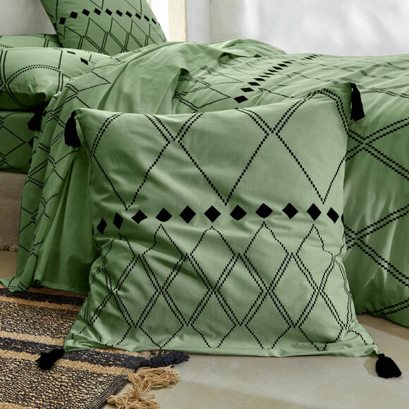 Linge de lit Massaï coton à motifs graphiques et finitions pompons (vert olive)