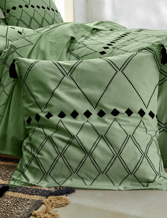 Linge de lit Massaï coton à motifs graphiques et finitions pompons (vert olive)