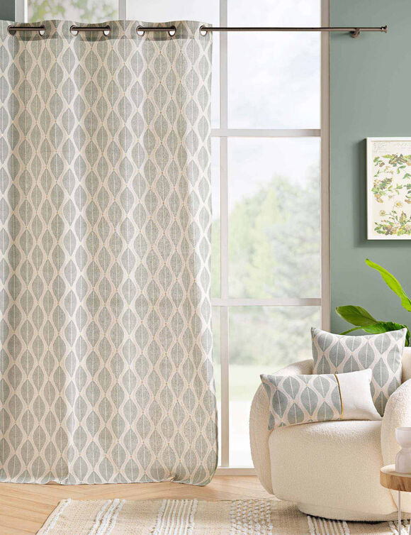 Gordijn met oogringen en bladerenprint, metallic details (naturel / groen)