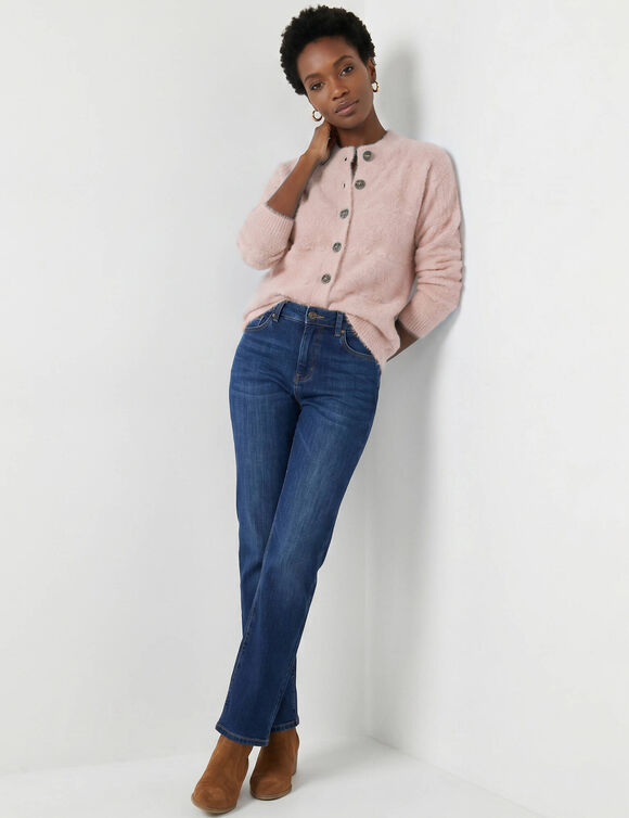 Cardigan boutonn&eacute; maille poilue fantaisie (rose poudr&eacute;)