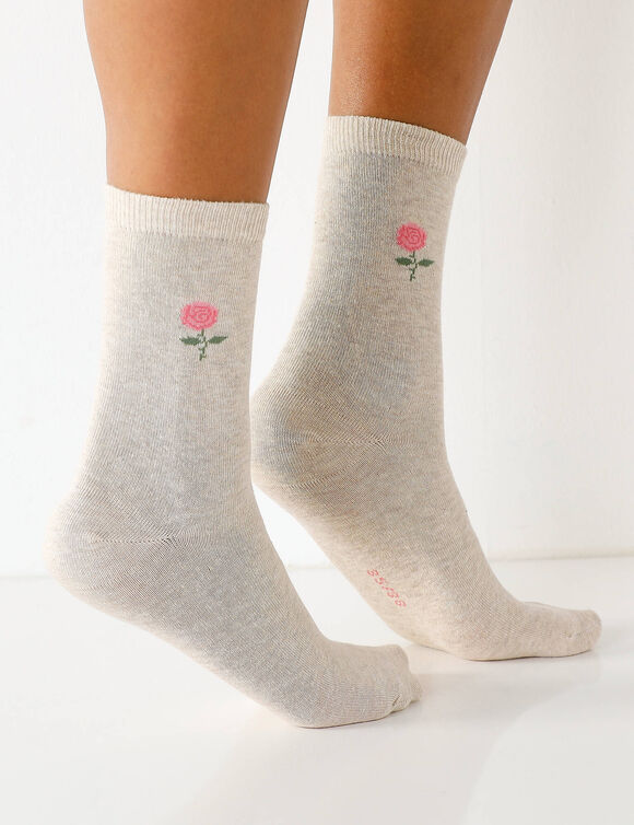 Chaussettes imprimées "rose" - lot de 7 paires (bleu + beige + rose)