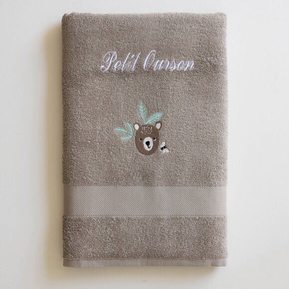 Collectie in badstof voor kids met beertjesbordursel, gepersonaliseerd (taupe)
