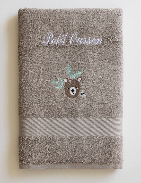 Collectie in badstof voor kids met beertjesbordursel, gepersonaliseerd (taupe)