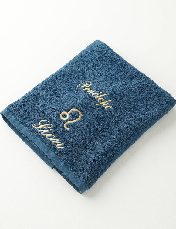 Serviettes de bain brodées Lion personnalisable - 420g/m2 (bleu paon)