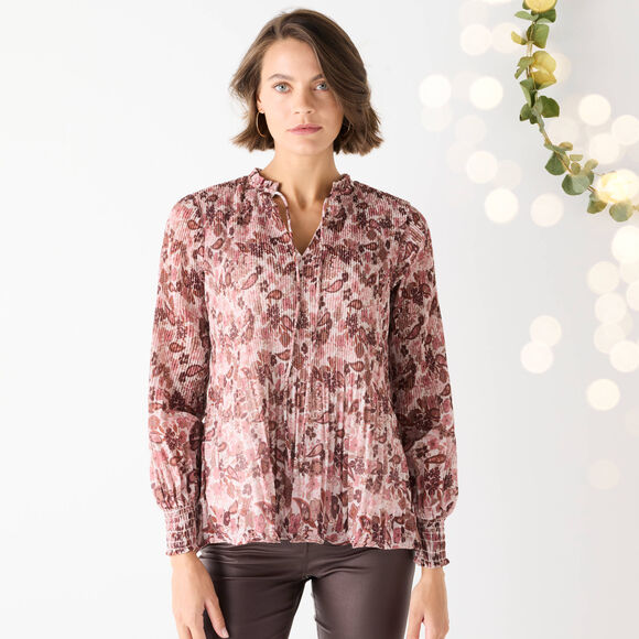 Bloes met pliss&eacute; en bloemenprint, in voile (roze / chocolade)