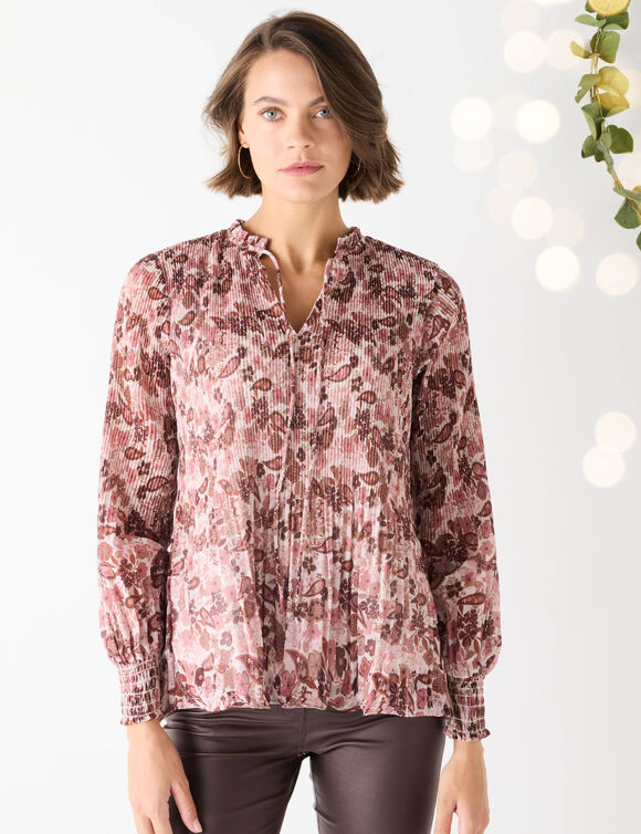 Blouse plissée imprimé fleuri, voile (rose / chocolat)