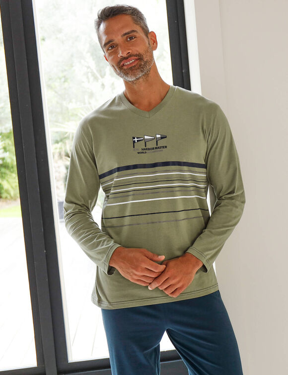 Lange pyjama met V-hals en lange mouwen van zachte katoen (linde / marine)