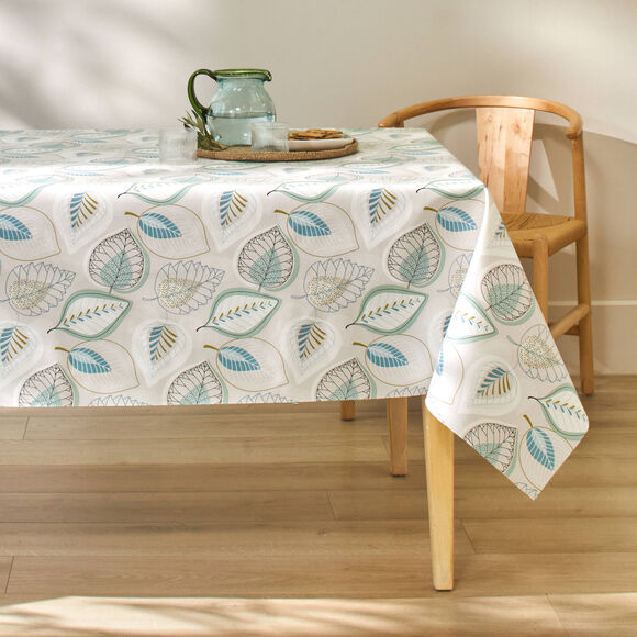 Tafellaken in toile cirée, bladerenprint (grijs / blauw)