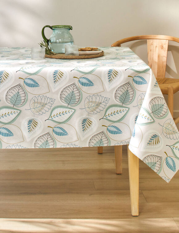 Nappe toile cirée imprimé feuilles (gris / bleu)
