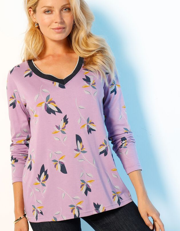 Tee-shirt col V biais doré imprimé fleurs (violine / marine)