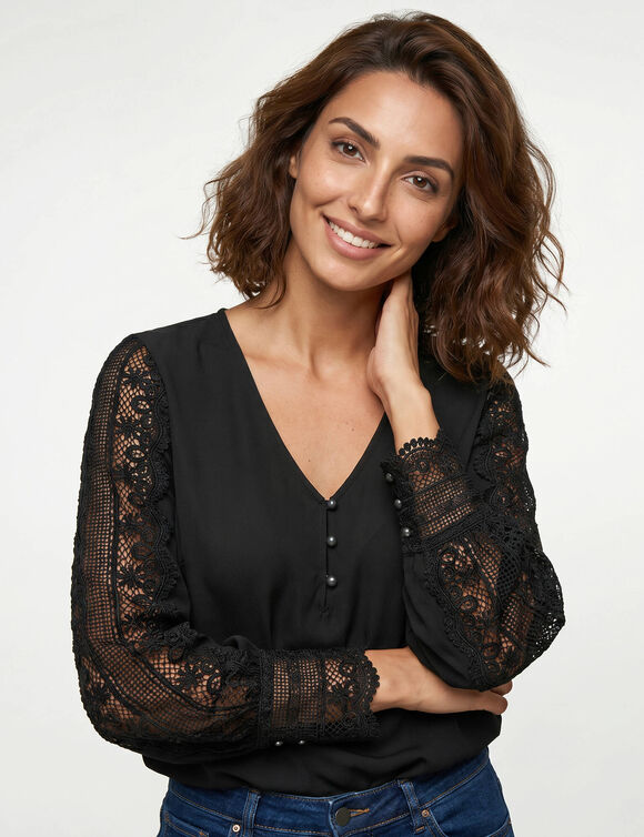 Macram&eacute;-blouse met V-hals en lange mouwen, vloeiende cr&ecirc;pe (zwart)