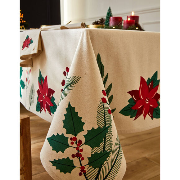 Nappe imprim&eacute;e houx et poinsettia (naturel / rouge)