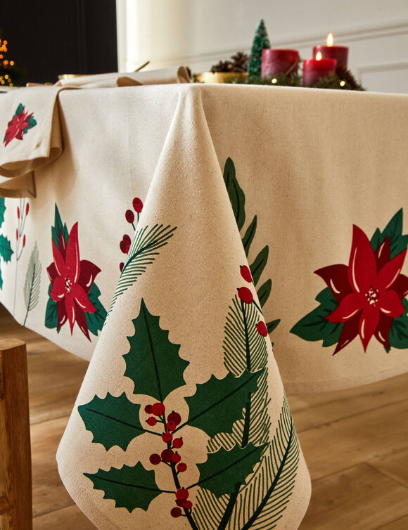 Tafellaken met hulst- en kerststerrenprint (naturel / rood)