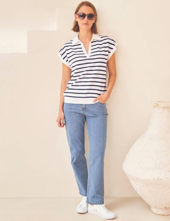 Pull ray&eacute; col polo, coton m&eacute;lang&eacute; (blanc / marine)