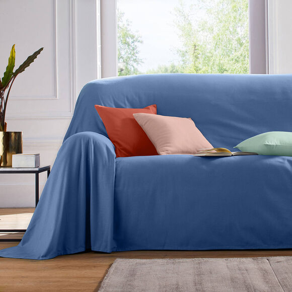 Jet&eacute; canap&eacute; coton bachette uni (bleu)