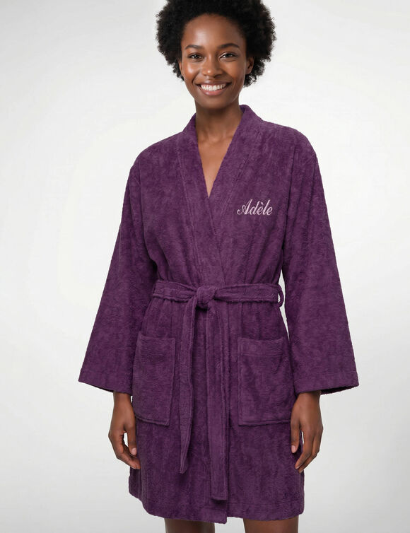 Peignoir court mixte uni col kimono, &agrave; personnaliser - &eacute;ponge bouclette 380 g/m&sup2; (aubergine)