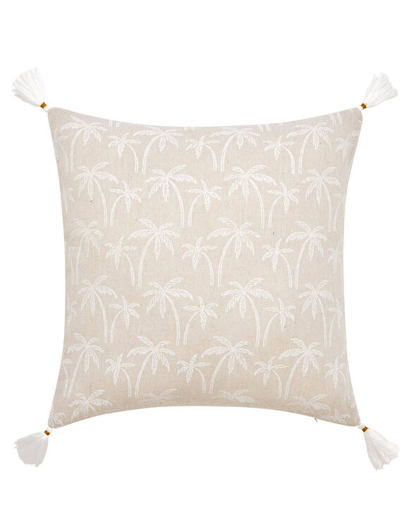 Kussen met palmbomenprint en pompons (wit / naturel)