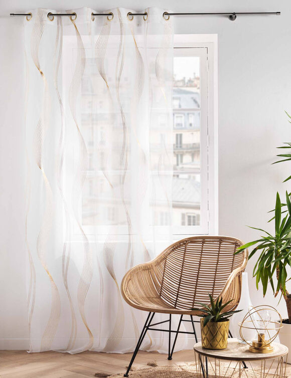 Voilage impression m&eacute;tallis&eacute;e, motif serpentin, finition &oelig;illets (blanc / dor&eacute;)