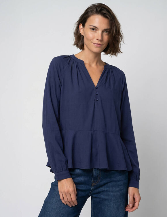 Blouse unie &agrave; basque volant&eacute;e, manches longues amples (bleu encre)
