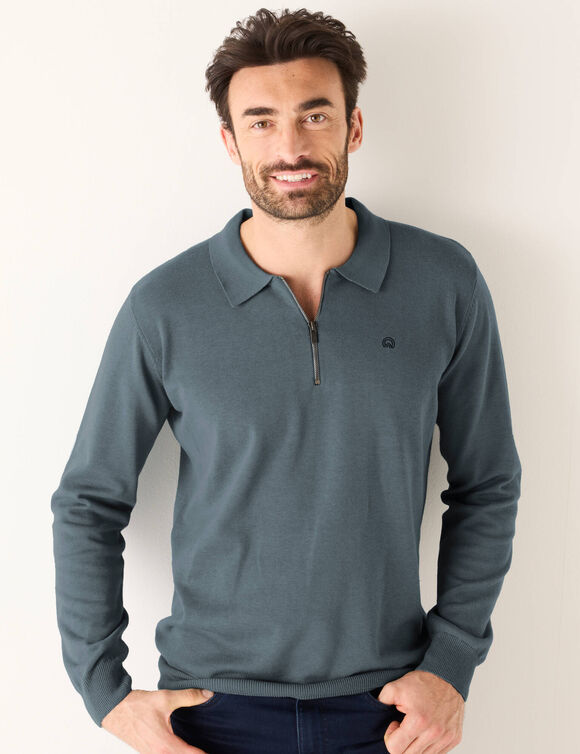 Pull fin col polo zippé broderie poitrine (bleu acier)