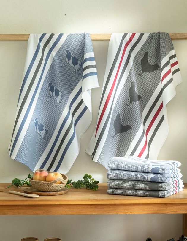 Droogdoeken met kip- en koemotief - set van 4 (blauw + grijs)