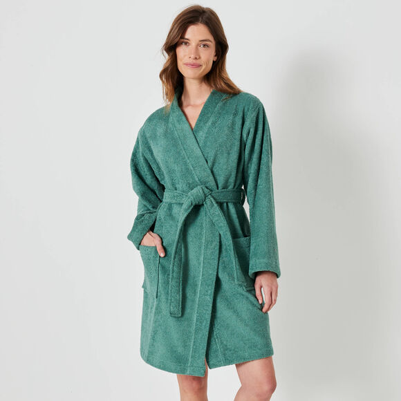Peignoir court adulte col kimono éponge bouclette (eucalyptus)