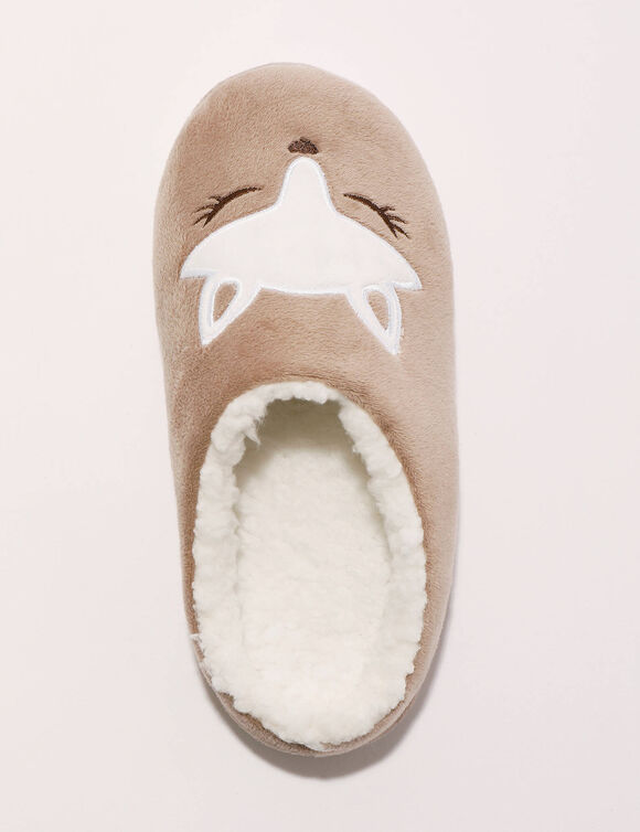 Chaussons mules polaire brod&eacute;s t&ecirc;te de renard (taupe)