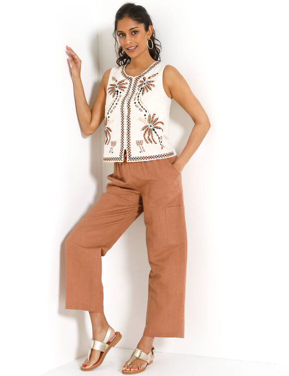 Veste brod&eacute;e boutonn&eacute;e, sans manches (&eacute;cru / noisette)