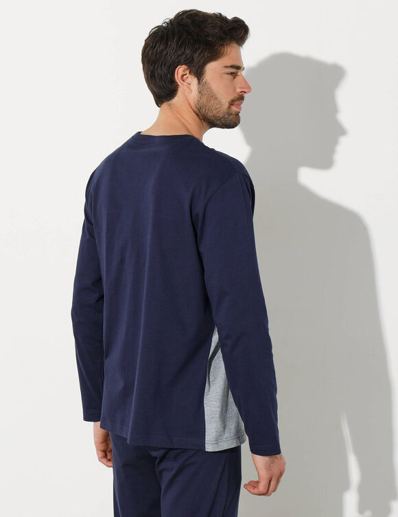 Tee-shirt pyjama tricolore manches longues (marine / gris chiné)