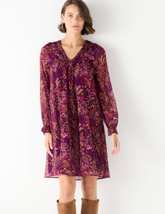 Geplooide jurk met bedrukking, bosprint (pruim / roze)