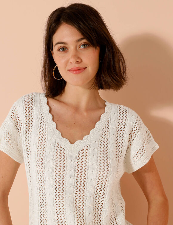 V-halstrui met korte mouwen, ajourtricot (ecru)