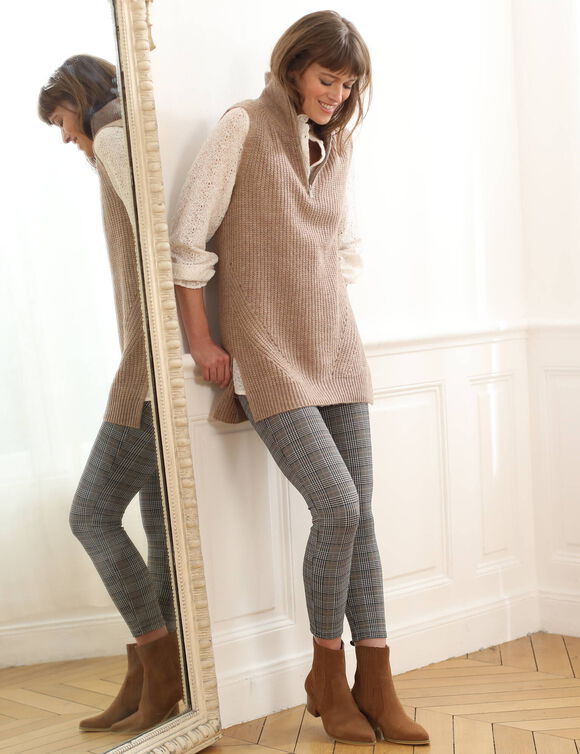Pull tunique en côte sans manches, col montant zippé (beige chiné)